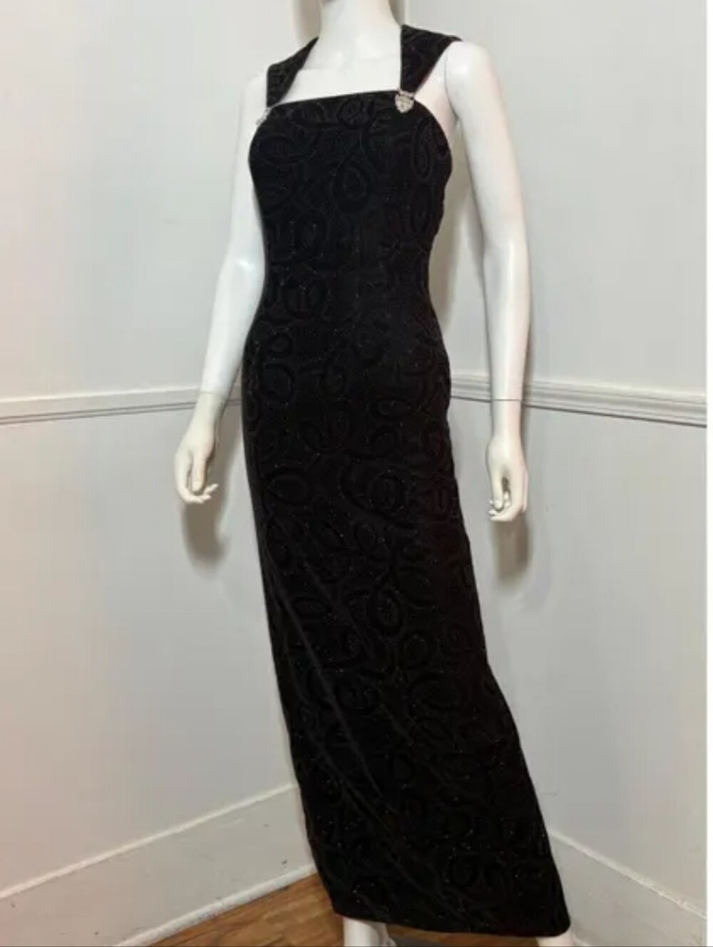 Vintage Scott McClintock 90s Y2K Formal Velvet Long Gown Glitter Swirl Black USA